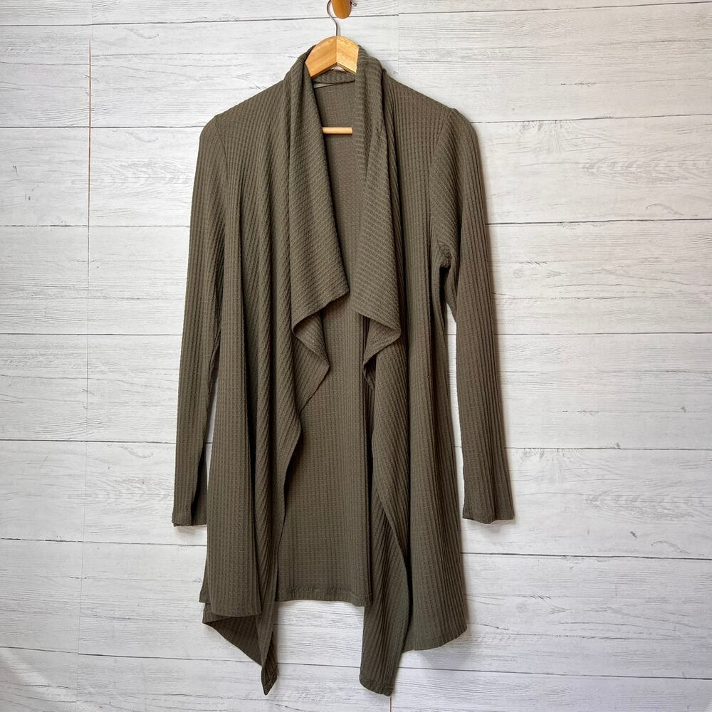 Knox Rose Cardigan Womens Size Large Olive Green Waffle Knit Open Lightweight